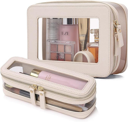 Pinkmik Clear Makeup Bag with Brush Case Travel Toiletry Bag Waterproof Cosmetic Organizer Car Essentials for Women (Beige, M+SLIM-1)