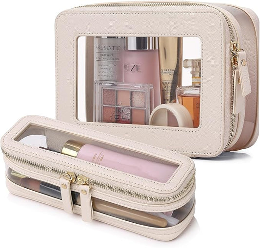 Pinkmik Clear Makeup Bag with Brush Case Travel Toiletry Bag Waterproof Cosmetic Organizer Car Essentials for Women (Beige, M+SLIM-1)