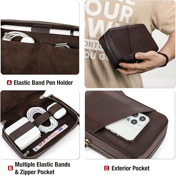 Electronic Organizer Case Tech Kit, Top Grain Leather Handmade, Portable Compact Travel Electronic Accessories Storage Case Fits Phone, USB Cables, Chargers, Hard Drive, Cards, Apple pencil