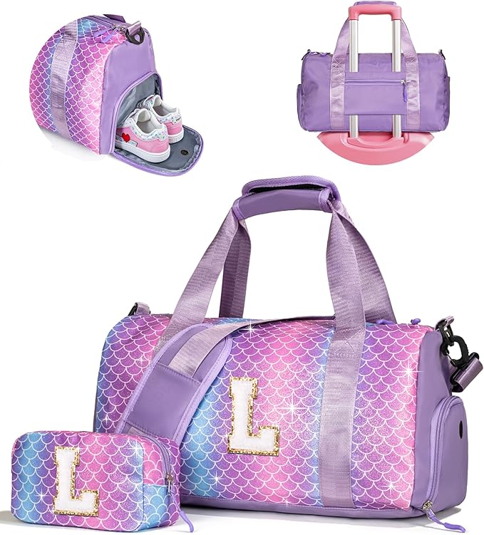 Trendy Gifts Granddaughter-Girl Gym Bag with Shoe Compartment, Kid Personalized Weekender Dance Bags, Initial Travel Tote with Makeup Pouch, Niece Girls Birthday Gift (Letter L)