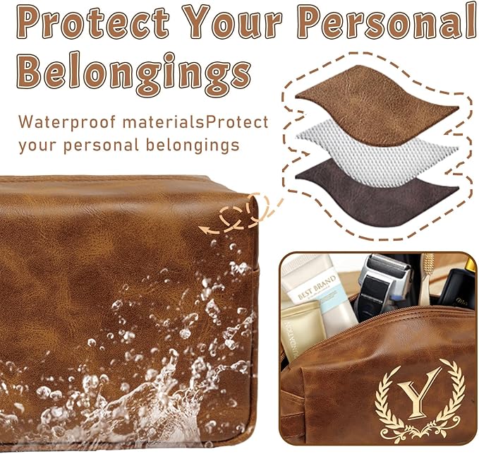 Personalized Travel Toiletry Bag Engraved Letter Leather Kit, Shaving Bag for Toiletries Accessories, Gifts for Men - DarkBrown(Y)