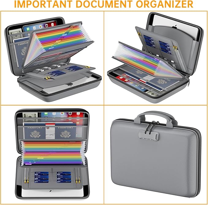 DocSafe Fireproof File Organizer with Lock, Hard-Shell Case Fireproof Document Box with 13 Pocket Accordion File Folder, Portable Home Office Travel Safe Storage for Important Documents Laptop Gray