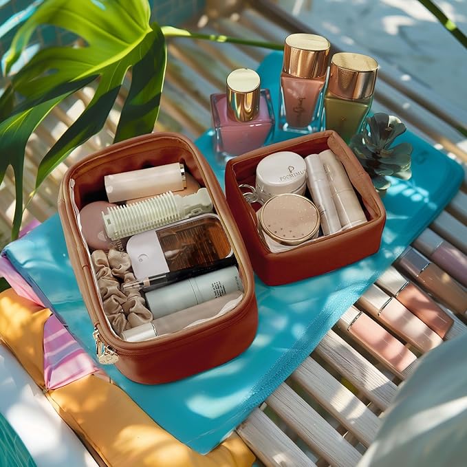 Pocmimut Clear Makeup Bags,Small Makeup Pouch with Large Cosmetic Bag Toiletry Bag Car Accessories Storage for Women Men,Travel Essentials Organizers,Brown