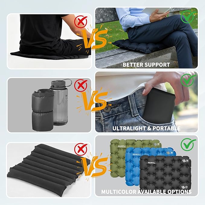 EULANT Inflatable Seat Cushion Lightweight Compact Stadium Seat Pad Camping Travel Air Seat Cushion for Airplane Hiking Bleachers Office Home Sports Events(2PC)