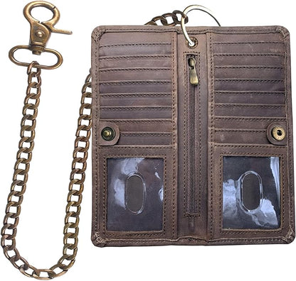 CLASSIC Motorcycle Chain Wallet for Men – Premium Cowhide Leather, RFID Bi-Fold Biker Wallet for Bikers Truckers & Hunters, Credit Card Money Organizer Long Wallet Crazy Horse Brown Vintage Chain