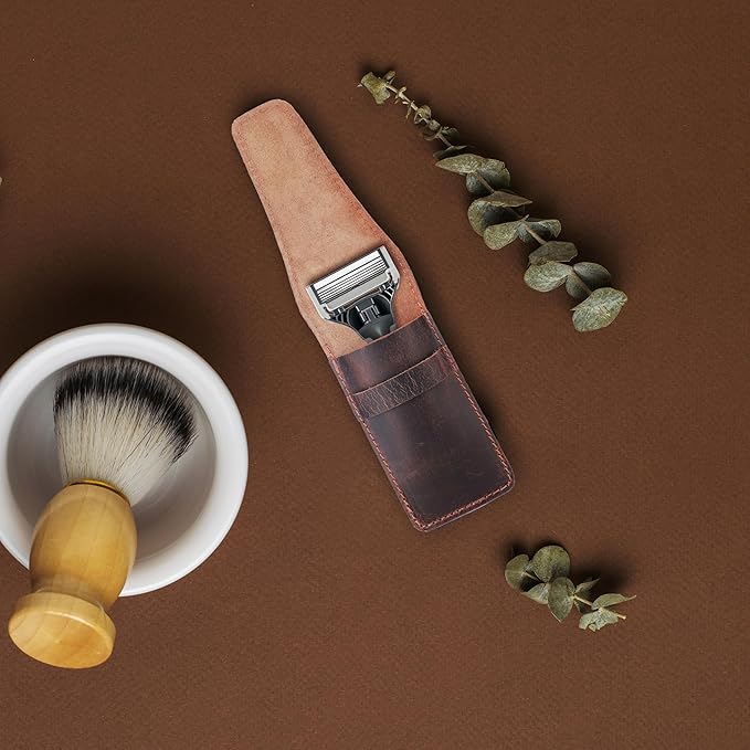 Leather Safety Razor Case Shaving Accessories Straight Safety Razor Holder for Double Edge Personal Care Essentials Handmade Shaver Case for Travel (Brown)