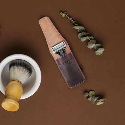 Leather Safety Razor Case Shaving Accessories Straight Safety Razor Holder for Double Edge Personal Care Essentials Handmade Shaver Case for Travel (Brown)