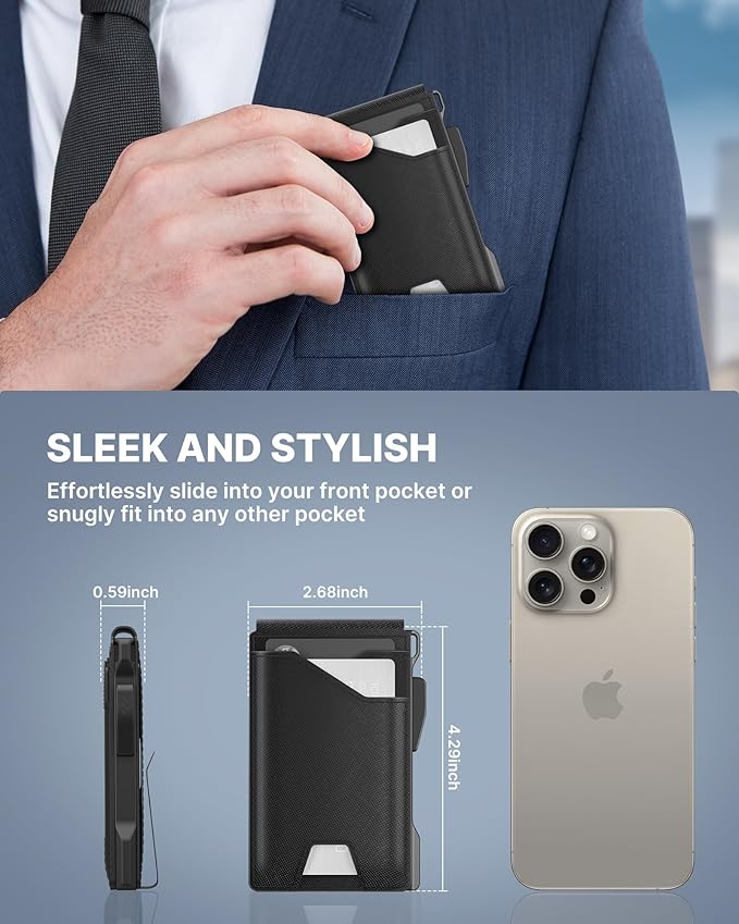 typecase Tactical Wallet for Men Card Holder: Pop Up Card Case, Genuine Leather, Smart, RFID Blocking, Slim, Minimalist, Thin, Front Pocket - 9-13 Card Capacitiy, ID Window, Money Clip (Dark Black)