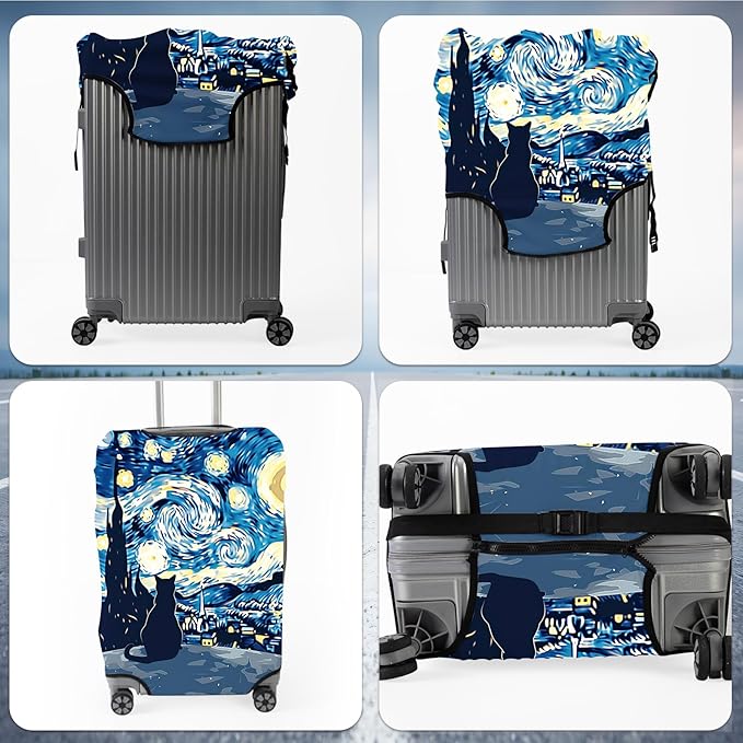 Suitcase Cover for Luggage 25-28 Inch, Washable Elastic Anti-Scratch Luggage Protector, Durable Zipper Baggage Cover with Handle Wrap, Travel Accessories for Suitcase, Starry Night Cat