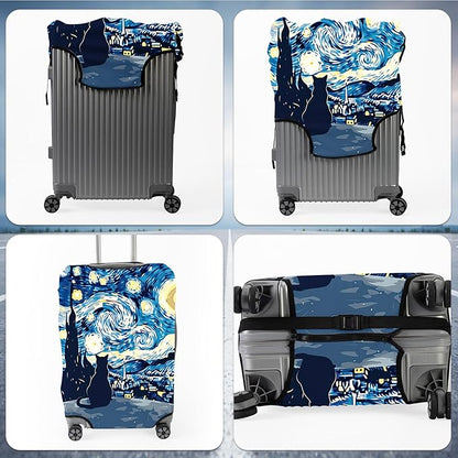 Suitcase Cover for Luggage 25-28 Inch, Washable Elastic Anti-Scratch Luggage Protector, Durable Zipper Baggage Cover with Handle Wrap, Travel Accessories for Suitcase, Starry Night Cat