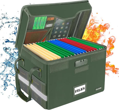 DocSafe Fireproof Document Box with Lock,File Storage Organizer with Mesh Pockets＆Lid,Collapsible Portable File Box Home Office Safe Filing Cabinet with Handle for Hanging Letter/Legal Folder,Green