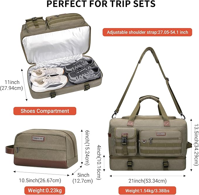 WITZMAN Duffle Bag for Men 50L Canvas Weekender Overnight Bag with Toiletry Bag Sets Travel Duffel Bag Shoes Compartment(A8010-2 Army Green)