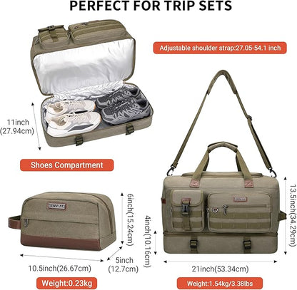 WITZMAN Duffle Bag for Men 50L Canvas Weekender Overnight Bag with Toiletry Bag Sets Travel Duffel Bag Shoes Compartment(A8010-2 Army Green)