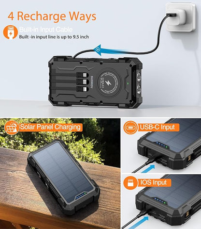Solar Charger Power Bank, 42800mAh Wireless Portable Charger with USB-C in/Output, QC3.0 Fast Charging 15W 4 Ports Outdoor Battery Pack Built-in LED Flashlight, for iPhone, Galaxy, iPad etc