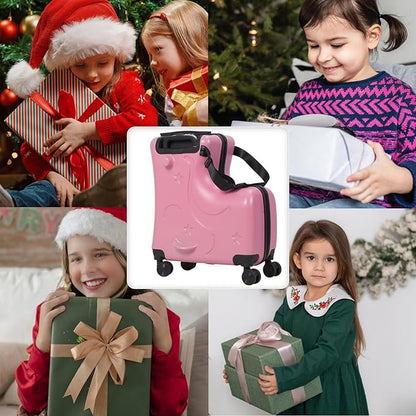 20 Inch Kids Carry-On Trolley, Pink Suitcase with Wheels Impact Resistant Rolling Children Travel Luggage with Seat and Safety Belt Small Suitcase for Unisex Boys Girls ABS+PC (Pink)