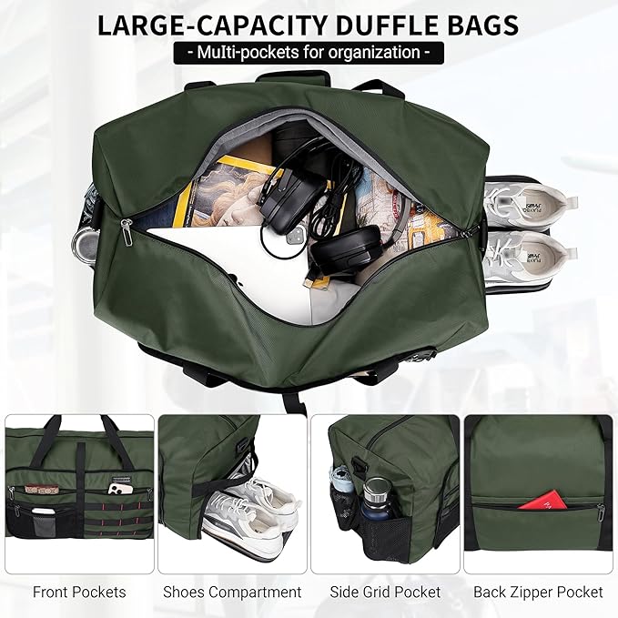 WITZMAN Foldable Duffle Bag for Travel 65L Lightweight Packable Duffel Bag with Shoes Compartment Overnight Bag for Men Women (B697 Classic Green)