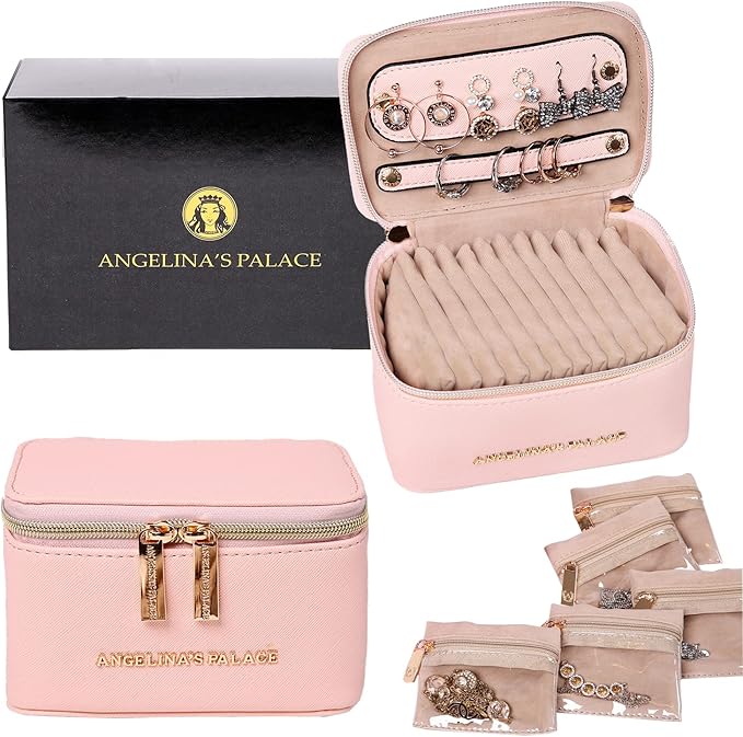 Angelina's Palace Jewelry Organizer Case Bridesmaid Gifts Travel Bag Vegan Leather Box for Necklace Earring Bracelet Ring(soft pink)