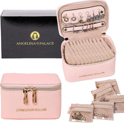 Angelina's Palace Jewelry Organizer Case Bridesmaid Gifts Travel Bag Vegan Leather Box for Necklace Earring Bracelet Ring(soft pink)