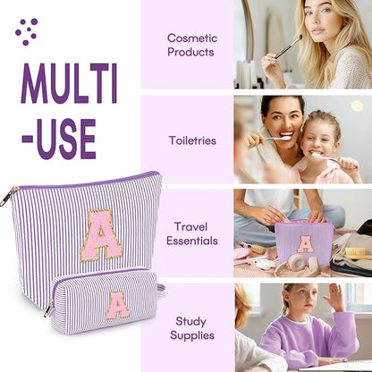 mibasies 2 PCS Initial Makeup Bags for Women: - Birthday Gifts for Teen Girls 11 12 13 14 15 16 Years Old - Preppy Trendy Stuff - Cosmetic Bag for Travel Toiletry - Purple A
