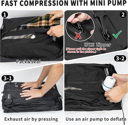 Reusable Vacuum Bags for Travel With Pump,Professional Waterproof IPX8 Zipper Vacuum Compression Bag for Suitcases Backpack,Space Saver Bags Packing Organizers for Clothing Packing(3PACK+PUMP)