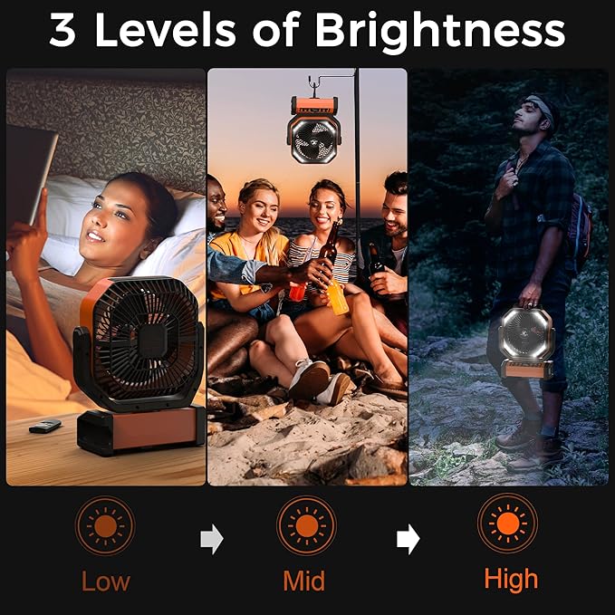 Camping Fan with Light - 20000mAh Rechargeable Battery Fan, 112Hrs Max Run Time, 8 Speeds, Digital Display, Timer, Auto Oscillation, 270° Pivot & Hook for Camping, Power Outage, Hurricane (Orange)