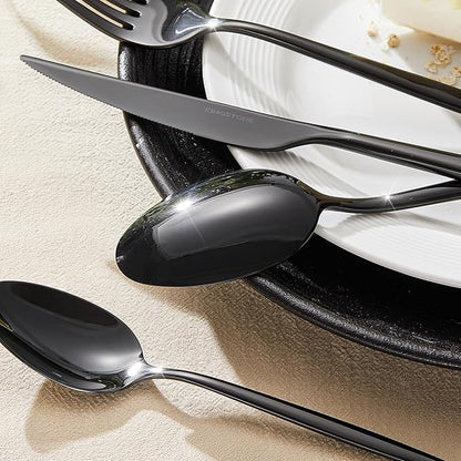 KINGSTONE Silverware Set, 40-Piece Flatware Set Cutlery Set Premium 18/10 Stainless Steel, Tableware Include Forks Knives Spoons for Home Kitchen Restaurant Wedding, Dishwasher Safe,Black