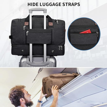 WITZMAN Duffle Bag for Men 50L Canvas Weekender Overnight Bag with Toiletry Bag Sets Travel Duffel Bag Shoes Compartment（A8010-2 Classic Black）