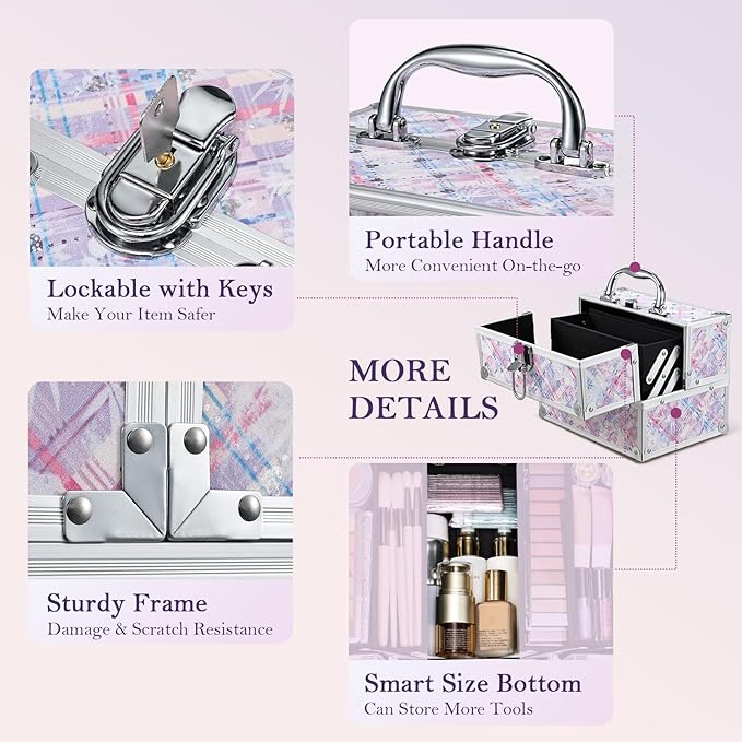 FRENESSA Makeup Train Case 8.85 Inch Portable Makeup Case Organizer Cosmetic Box Make Up Box Makeup Organizer Cosmetic Storage Cases with Locking Nail Kit Organizer Small Travel Case Pink Plaid