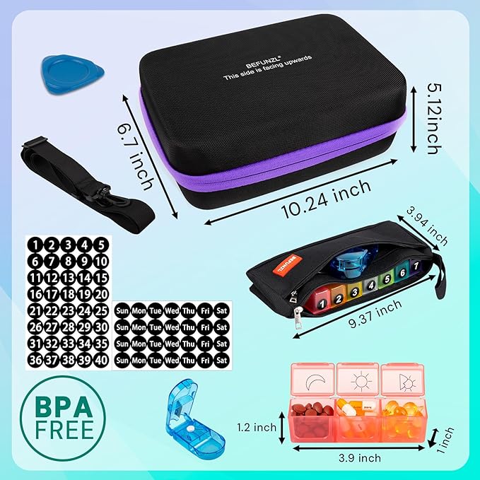 Monthly Pill Organizer, Medicine Organizer Box with Portable Hard Shell and Pill Cutter, 31 Day Pill Holder with Weekly Pill Bag (Purple, 3 Times a Day)