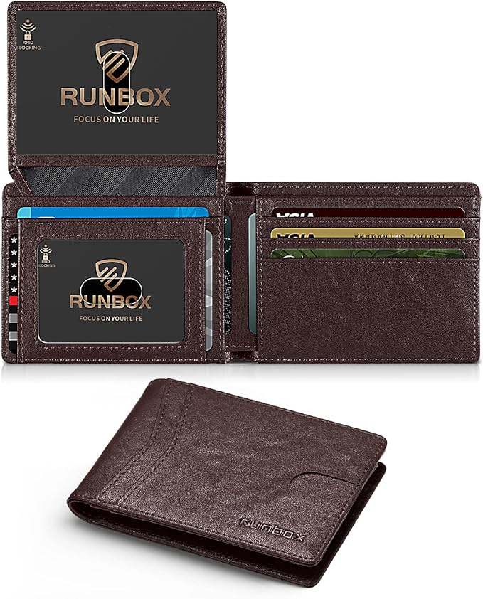 RUNBOX Wallet for Men Slim Rfid Leather 2 ID Window With Gift Box