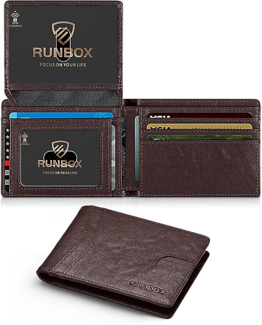 RUNBOX Wallet for Men Slim Rfid Leather 2 ID Window With Gift Box