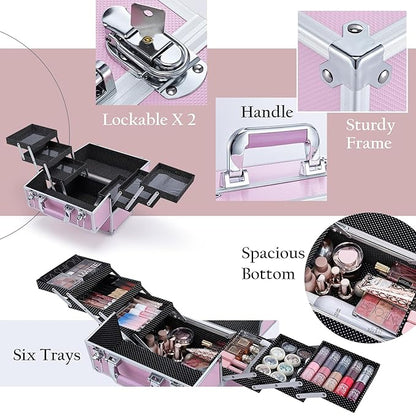 Frenessa Makeup Train Case Large Portable Cosmetic Case - 6 Tier Trays Professional Makeup Storage Organizer Box Make Up Carrier with Lockable keys - Pink