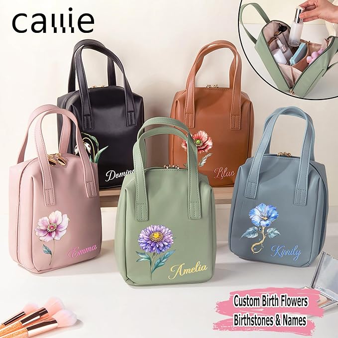 callie Personalized Makeup Bag - Custom Name & Birth Flower, Leather Cosmetic Organizer Travel Bag with Double Zippers & Handle, Birthday Christmas Gift for Women