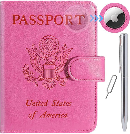 Airtag Passport Holder Cover Wallet RFID Blocking Leather Case Travel Essentials Luggage Accessories Travel Must Have(118#Pink)