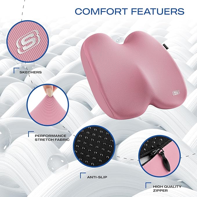 Skechers Memory Foam Seat Cushion,Ribbed Fabric Office Chair Cushion for Tailbone Pain Relief,Butt Pillow for Office Chair,Car Seat Cushion,Long Sitting Office Workers,and Car Drivers,Pink