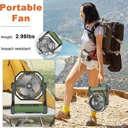 KITWLEMEN 20000mAh Battery Powered Camping Fan - 58H Max Cooling, Rechargeable Battery Operated Desk Fan with 4 Speeds, Bright Light & Hanging Hook, Portable for Tent Outdoor Hurricane Power Outage
