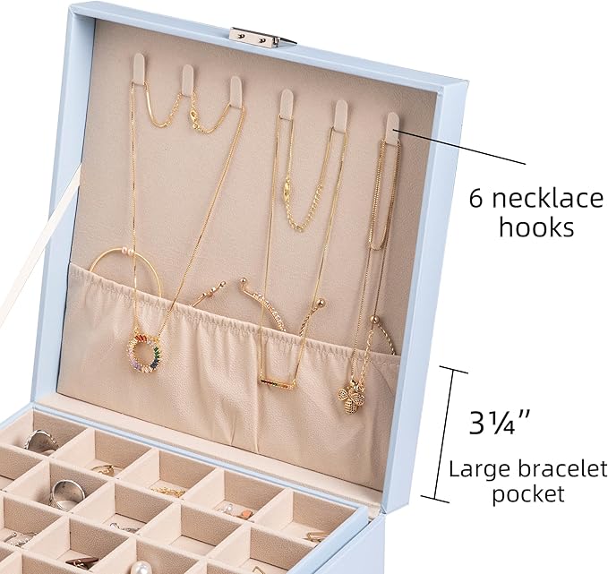 Frebeauty Earring Organizer Classic Jewelry Box 50 Slots Double Layer Jewelry Storage Case with 6 Necklace Hook and Bracelet Pocket(Sky Blue)