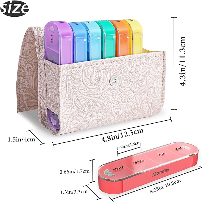 Pill Organizer,LIZIMANDU Weekly Travel Pill Case Box Medication Reminder Daily AM PM, Day Night 7 Compartments,for 4 Times A Day, 7 Days a Week-Includes Leather PU Carrying Case(1-Carved White)