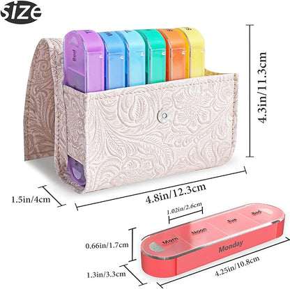 Pill Organizer,LIZIMANDU Weekly Travel Pill Case Box Medication Reminder Daily AM PM, Day Night 7 Compartments,for 4 Times A Day, 7 Days a Week-Includes Leather PU Carrying Case(1-Carved White)
