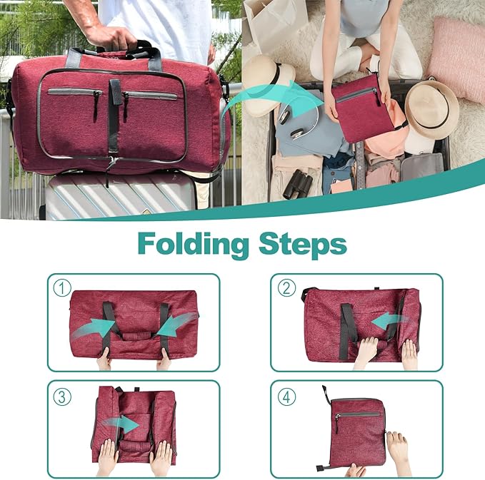 Dimayar 40L Travel Duffle Bag for Men Women - Foldable Duffel Bag with Shoes Compartment - Overnight Bags Waterproof & Tear Resistant(Red)