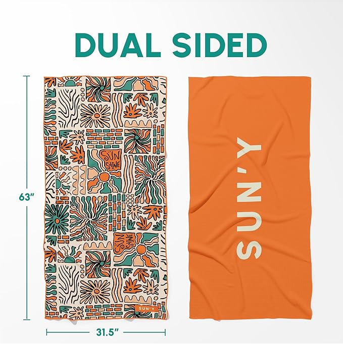 SUN'Y Waffle Microfiber Beach Towel – Sand Free, Quick Dry, Ultra Absorbent, Lightweight & Compact Travel Towel with Carry Bag - Large (63” x 31.5”), Groovy