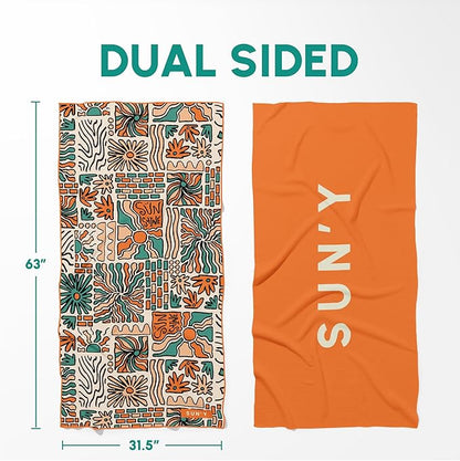 SUN'Y Waffle Microfiber Beach Towel – Sand Free, Quick Dry, Ultra Absorbent, Lightweight & Compact Travel Towel with Carry Bag - Large (63” x 31.5”), Groovy