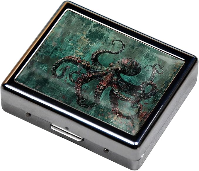 7 Days Chromed Shiny Silver Pill Organizer with Mirror Inside Has 8 Separate Compartments Rectangle,Versatile Storage for Medication - Ideal Travel Accessory (Special Octopus)