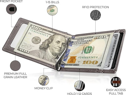 Kingly Cash Clip Slim Leather Wallet for Men with RFID Blocking & Money Clip - Minimalist Front Pocket Bifold Wallet Holds 12 Cards - Secure Card Holder with Easy Access Pull Tab