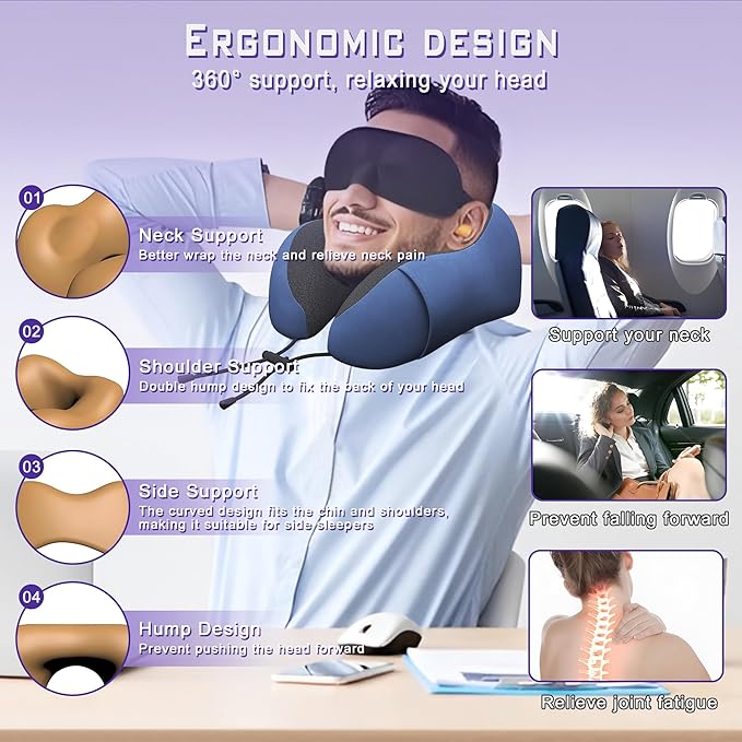 Neck Travel Pillow, Upgraded Memory Foam Pillow for Airplane, Machine Washable, Adjustable Flight Pillow, Suitable for Sleeping Airplane, Car, Office and Home (Dark Blue)