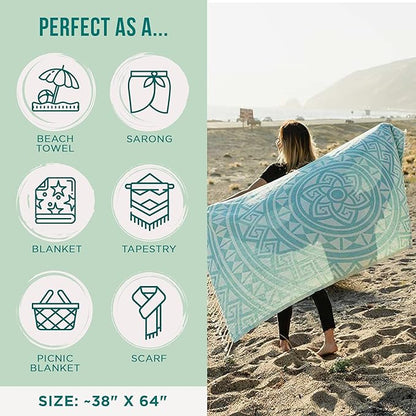Sand Cloud Turkish Beach Towel - Sand Free - 100% Organic Turkish Cotton Yarn - Quick Dry Towel for Beach, Picnic Blanket or Throw - As Seen on Shark Tank - Mandala (Mint)