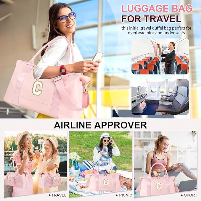 Dance Gym Duffel Bag for Teen Girls, Personalized Initial Travel Weekender Bag,Cute Overnight Carry On Duffle for Women,Sports Travel Cheer Bag,Monogram Christmas Gifts for Tween Preppy(pink-C)