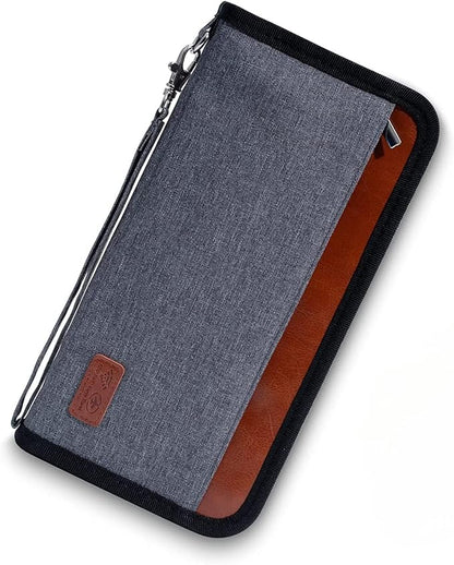 Real Leather Wallet RFID Family Passport Holder Waterproof Travel Essentials (Grey)