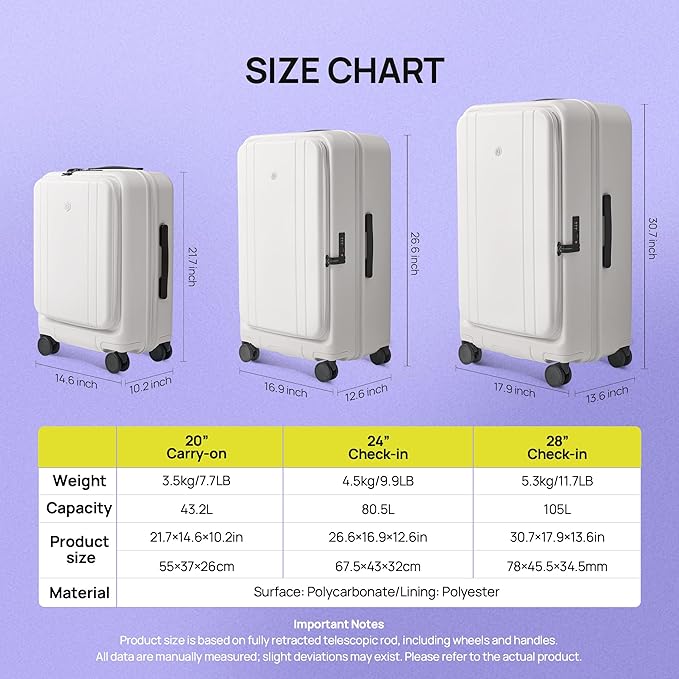 NINETYGO Large Checked Luggage 28 Inch, Top Opening Luggage Checking In Luggage, Expandable, PC Hard Shell, Larger Capacity Checked, TSA Lock, 360° Spinner Wheels (White)