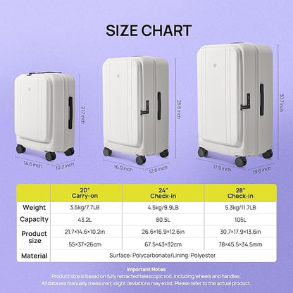 NINETYGO Medium Checked Luggage 24 Inch, Top Opening Luggage Checking In Luggage, Expandable, PC Hard Shell, Larger Capacity Checked, TSA Lock, 360° Spinner Wheels (White)